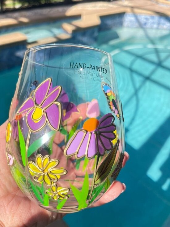 Unbranded Other - Set 2 Hand Painted Floral Butterfly Stemless Wine Glasses